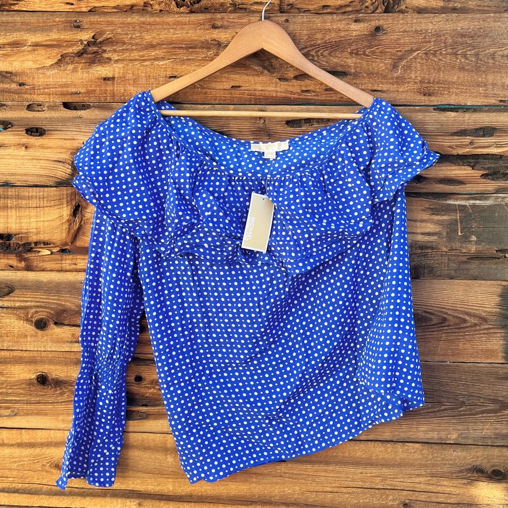 MICHAEL KORS | NWT Blue Polka Dot One Shoulder Blouse L